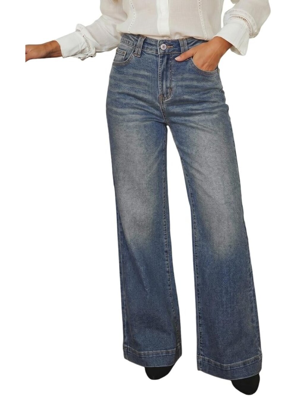 Women's Blue Sapphire Wide Leg Baggy Flare Jeans High Waisted Straight Leg Jeans